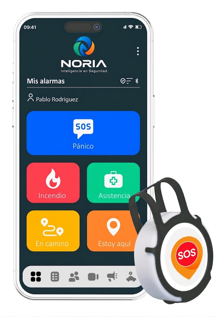 Celular con Noria APP junto al botón Bluetooth SOS