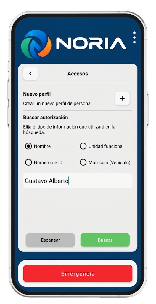 Pantalla de accesos de la app: búsqueda de autorizaciones por nombre, unidad funcional, ID o matrícula