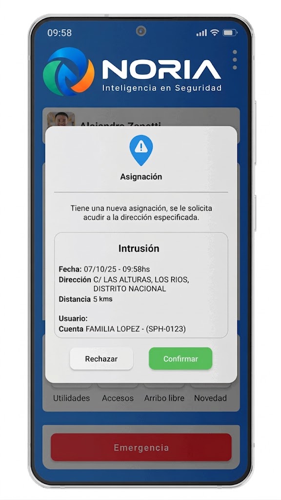 Pantalla de la app con una nueva asignación: fecha, dirección, distancia y botones para confirmar o rechazar