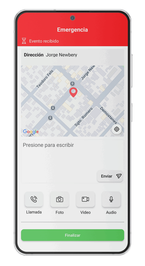 Pantalla de emergencia de la app con mapa, mensaje y botones de llamada, foto, video y audio