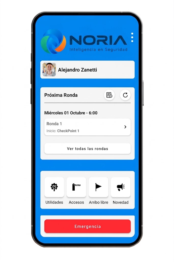 App de Noria para guardias: próxima ronda, accesos y botón de emergencia